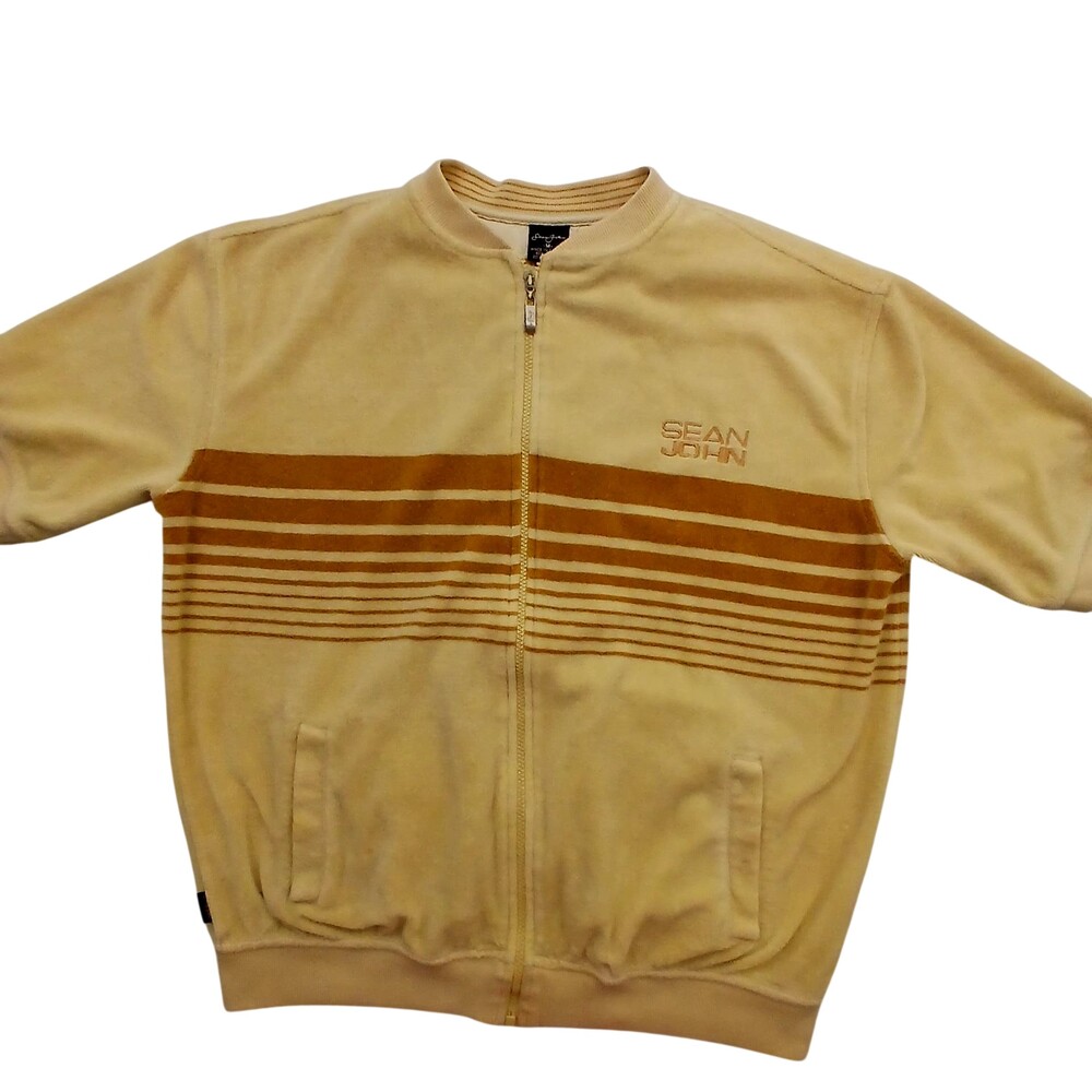 Sean John Jacket Mens L Beige Velour Short Sleeve Track Stripe Full Zip